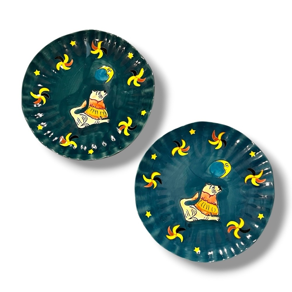 TWO Anthro Claudia Rankin Celestial Dessert Plates Hand painted Lion Stoneware